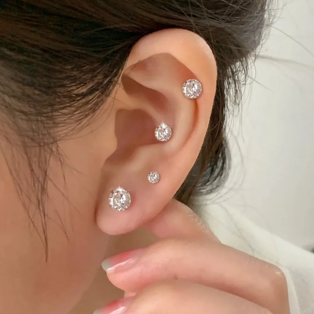 Classic Simple Stainless Steel Four Claws Round AAA Zircon Piercing Stud Earrings for Women Fashion Trend Jewelry Accessory Gift