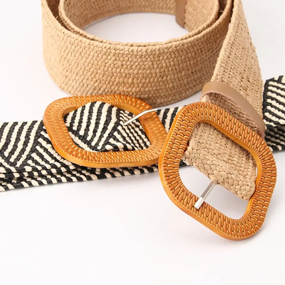 Punk Woven Boho Straw Weave Belt Colorful Hollow Out Bohemian Style Belt Round Buckle PU Leather Ethnic Style Waistband Women