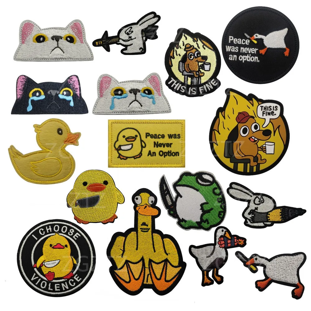 Cute Cartoon Animal Hook&Loop Patches Cat with Knife Duck Goose Frog Sticker Tactical Accessory Morale Badges Embroidery Patch