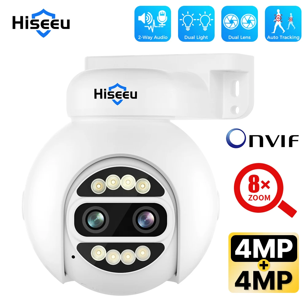 

Hiseeu 8X Zoom Dual Lens POE PTZ IP Camera 4MP PTZ CCTV Security Video Surveillance Camera System XMeye 2 Way Audio Cameras