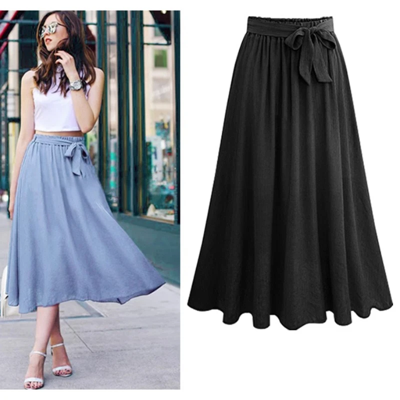 Chiffon-Röcke mit Schleife für Damen, mittellang, hohe Taille, A-Linie, große Swing-Röcke, süßes Rosa, einfarbig, Sommer, Neu 8536