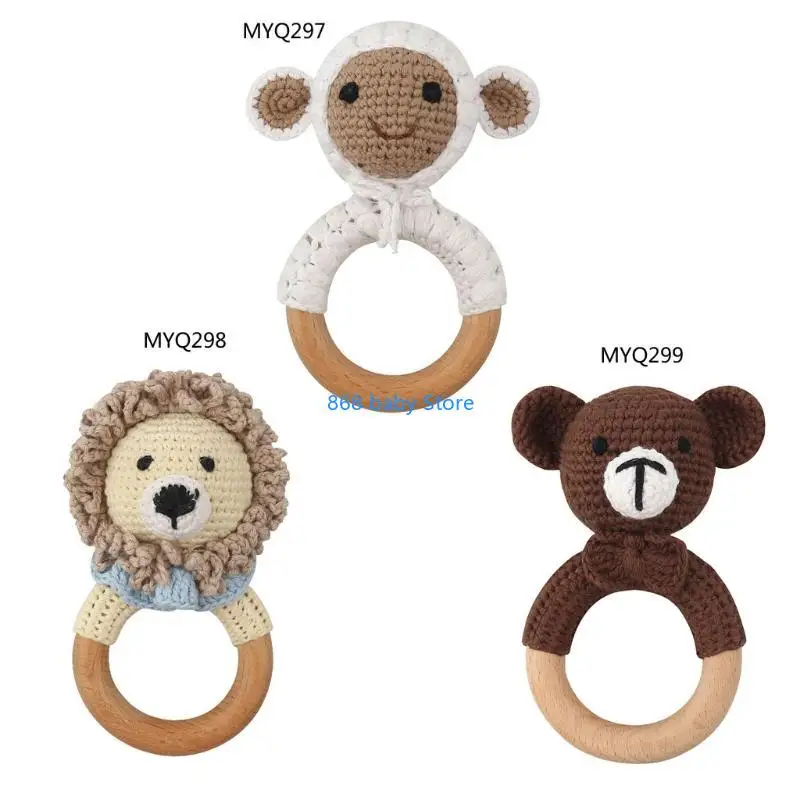 

29EE Baby Teether Wooden Ring Cotton Thread Crochet Animal Rattle Knitted Hand