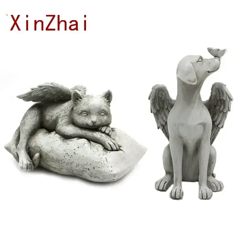 VILEAD 20cm Resin Cemetery Angel Wing Cat Dog Statue Memorial Pet Figurine Home Decor Garden Courtyard Ornaments Decoration Gift