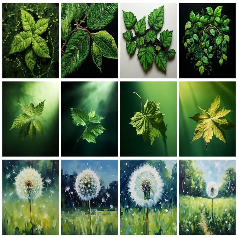 

CHENISTORY Diamond Painting Green Leaf LandscapePicture Rhinestones Round Diamond Mosaic Embroidery Home Decoration