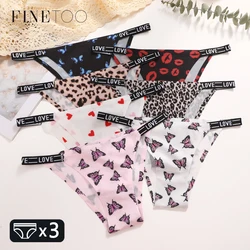 FINETOO 3Pcs Silk Seamless Women's Panties Sexy Flower Briefs Fashion Leopard Bikini Female Letter Waist Comfortable Lingerie