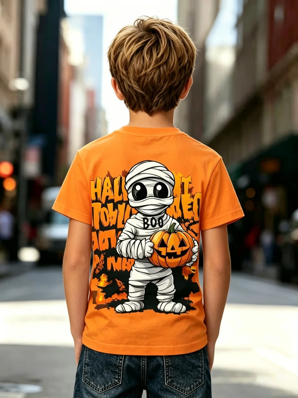 Children's Clothing Halloween Funny Hugging Pumpkin Ghost Print Top Perfect for Trick-or-Treating Short Sleeve Kids Clothes Boy