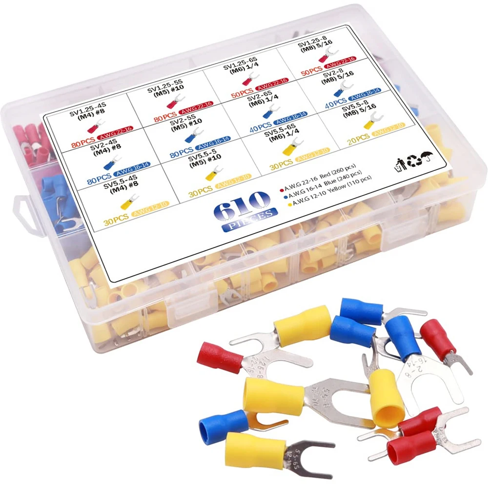 

610 шт. M4/M5/M6/M8 электрический вилочный разъем, быстрое сращивание, обжимные вилочные клеммы, изолированные автомобильные разъемы для проводов, набор