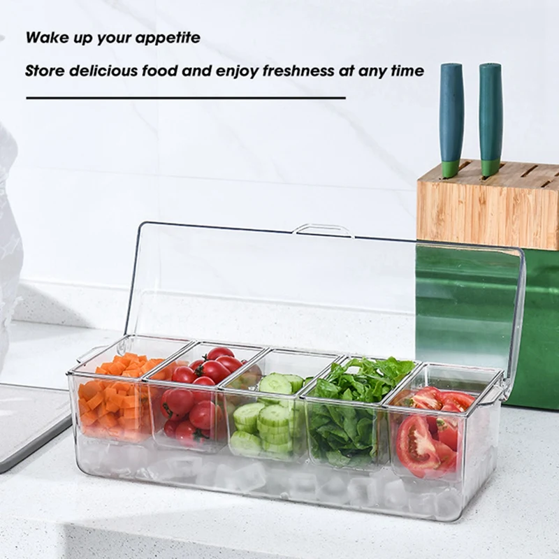 Ice Chilled Condiment Tray With 5 Containers, Condiment Server With Lids, Serving Tray Platter For Bar Accessories