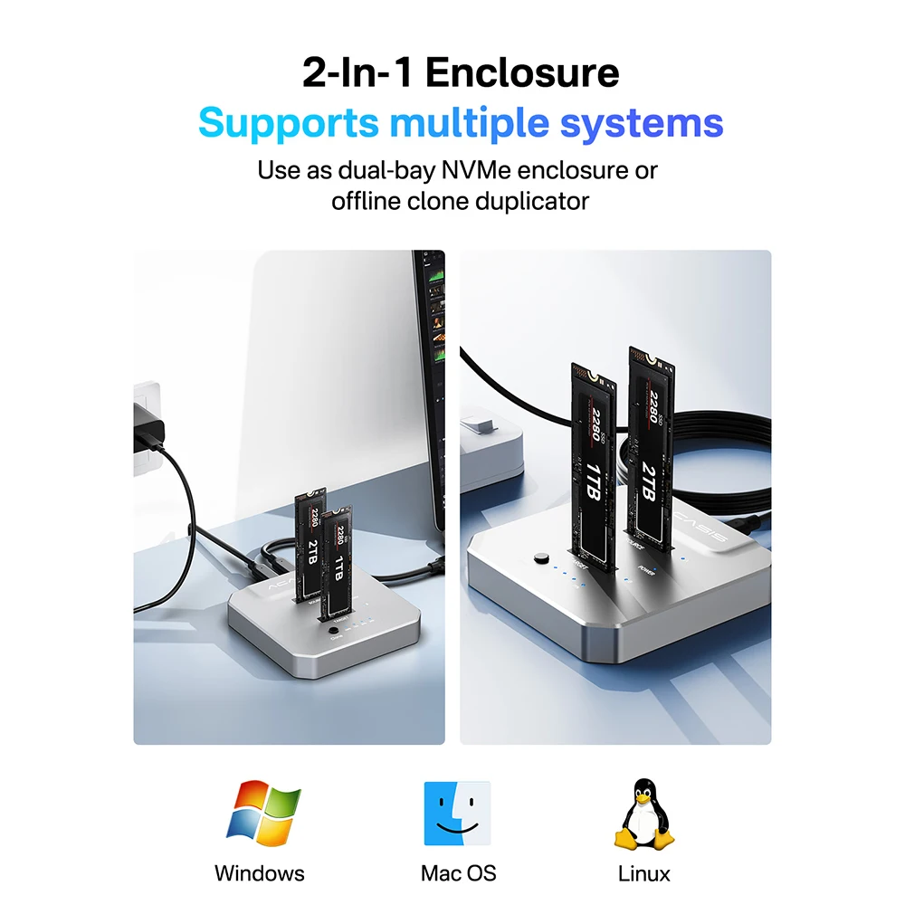 Acasis 20Gbps Dual-Bay M.2 NVME SSD Enclosure SSD Duplicator Offline Clone USB 3.2 Type-C Gen2 to NVMe Docking Station for PC — zdjęcie produktu 6