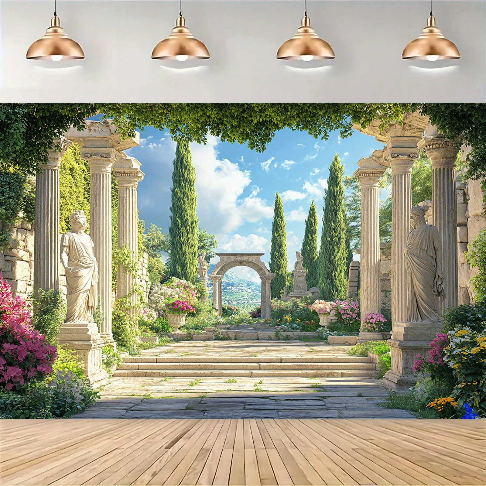 1-teiliger, romantischer Polyester-Hintergrund aus Polyester für griechischen Palastgarten, Mehrzweck-Party-Banner, Fotografie-Hintergrund