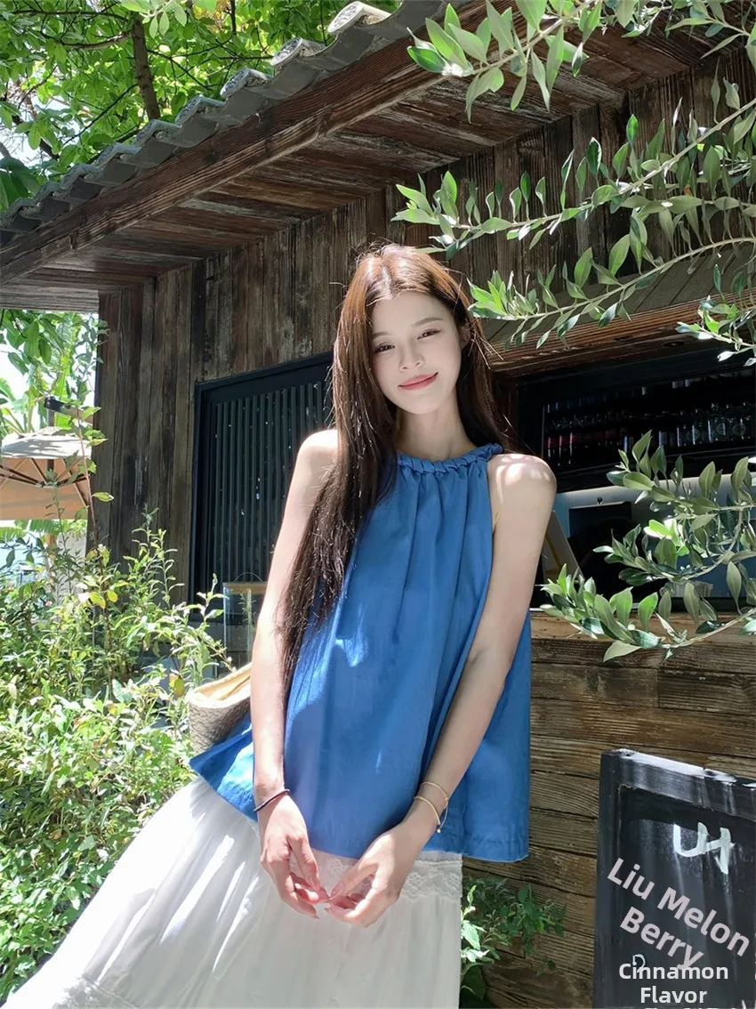 

Vacation Style Set Sweet Loose Doll Shirt Lazy Sleeveless Halter Top White Lace Cake Skirt Casual Loose Fit Spring Fashion