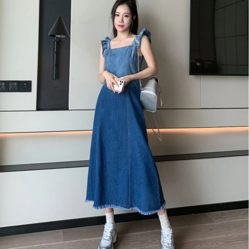 

Gradient Denim Camisole Dress for Women's Summer New Style with Small Flying Sleeves Waist Collection Retro A-line Long Skirt