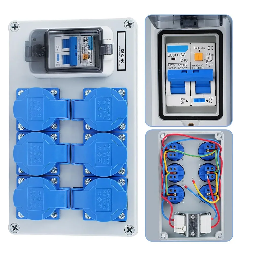 1PC IP54 Wall Mounted 6-Pin Power Distributor With 1P+N FI Switch For Construction Sites Workshop  Garages And Outdoor Use