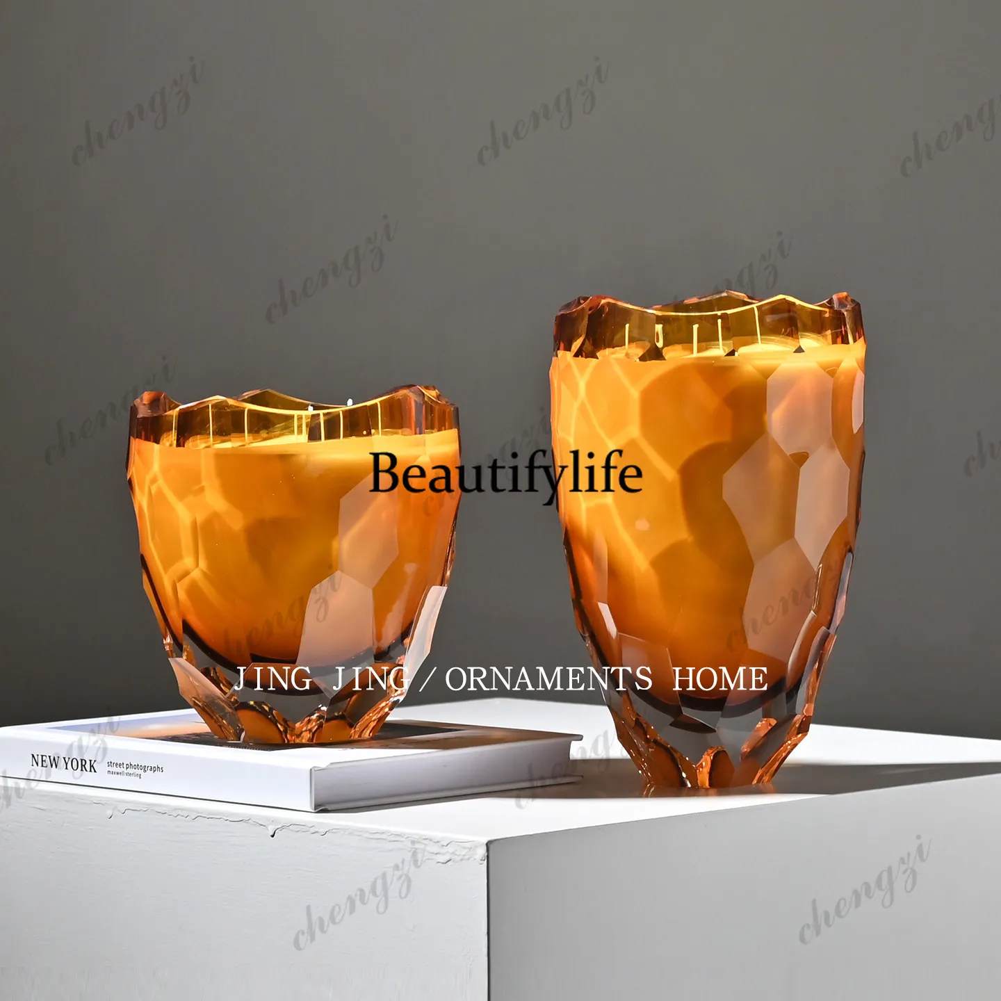 Light luxury amber faceted glass flower ware flower living room high-end decorative ornament