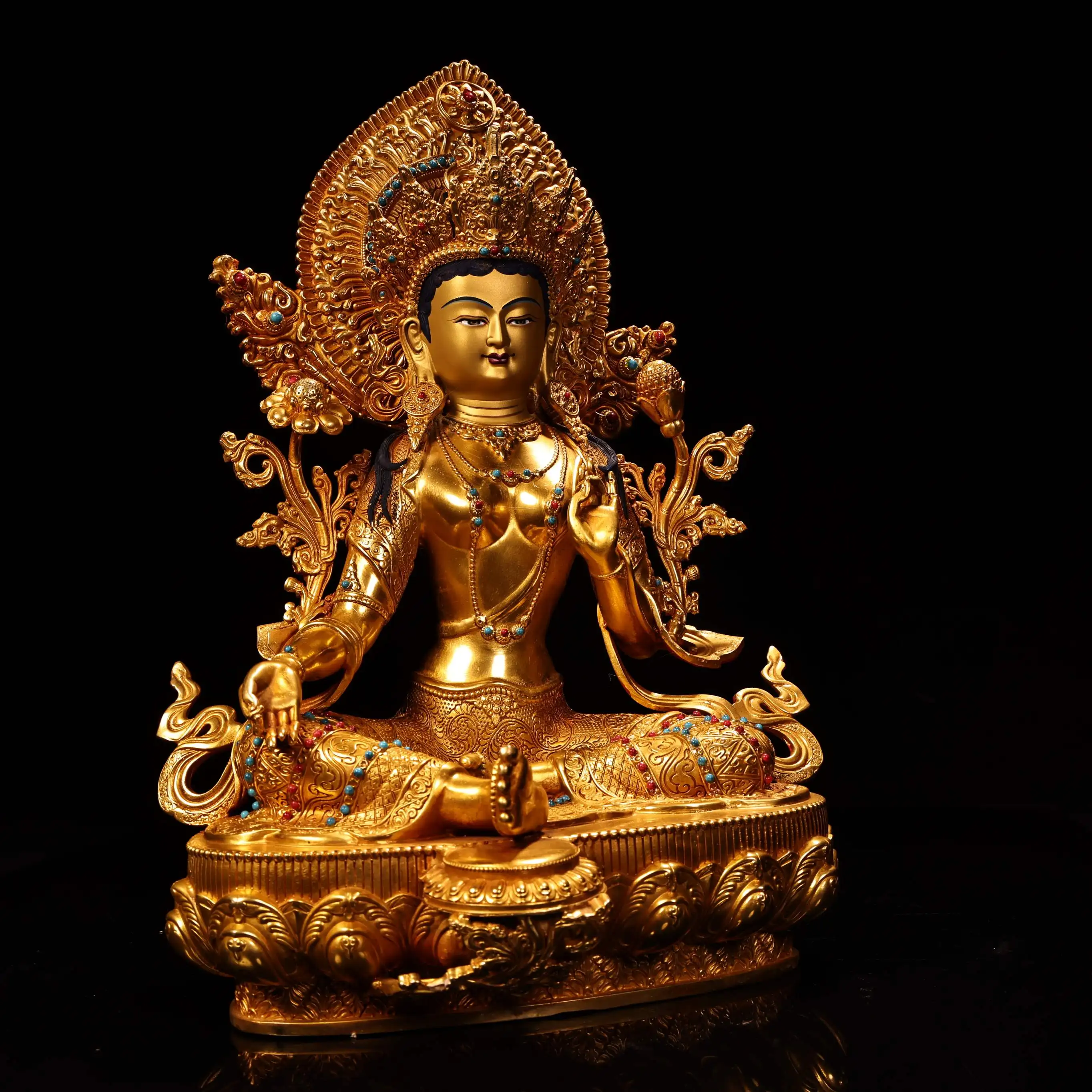 

15"Xizang folk collection Bronze Gilded High Relief Mosaic Gem Green Tara Sitting Buddha Lotus Terrace Worship Hall