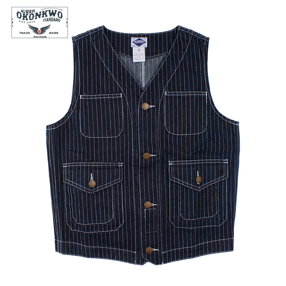 

Spring Men's Striped Denim Vest Outdoor Hiking Trekking Camping Work Labor Cargo Amerika Multi Pocket Women's Tooling Waistcoat