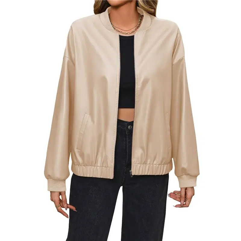 

CYL-Women's Casual Short Long Sleeve PU Motorcycle Leather Jacket Coat Tops