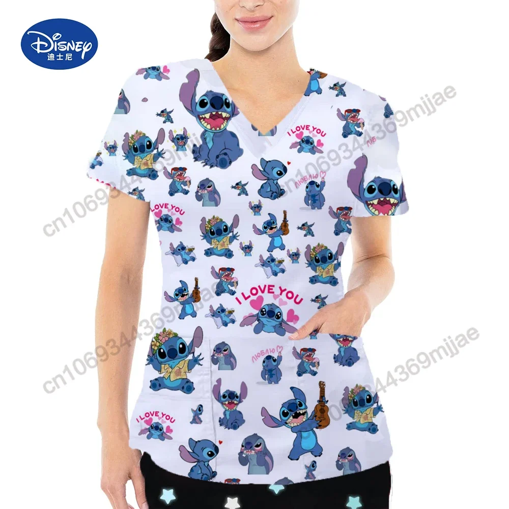 2024 Nieuwe Casual Comfortabele Verpleegstersuniform V-Hals Grote Zak Ontwerp T-Shirt Disney Cartoon Print Patroon Korte Mouwen T-Shirt