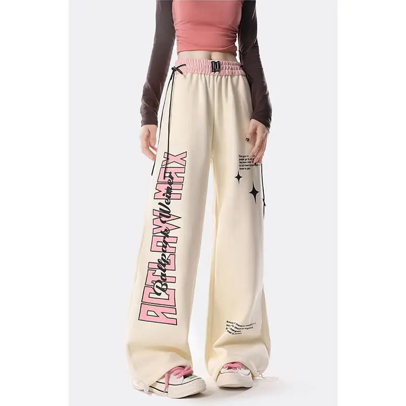 American Letter Retro Printed Straight Leg Casual Pants for Women Loose and Versatile High Waist Slimming Student Pants