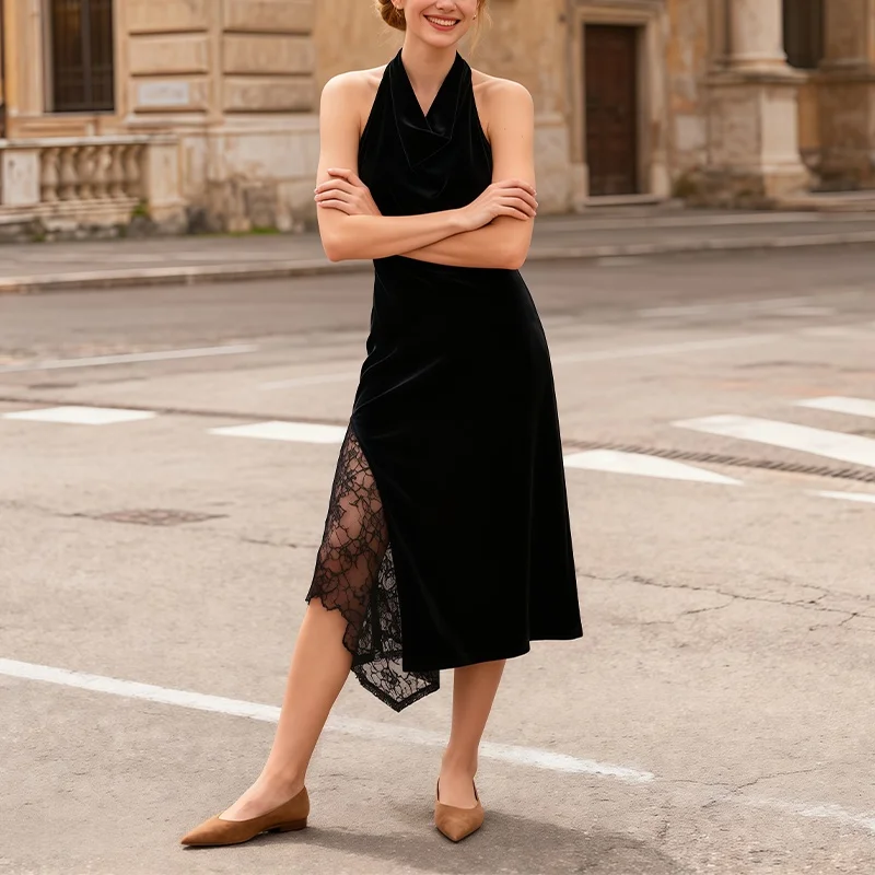 

Коктейльное платье без рукавов с асимметричным кружевным подолом, элегантное вечернее платье, женское черное платье миди с бретелькой на шее