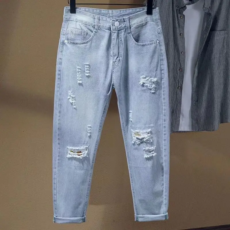 

Мужские джинсы, роскошные модные джинсы, потертые мужские модные брендовые летние 2024, новая тенденция, рваные свободные прямые повседневные брюки Harlan