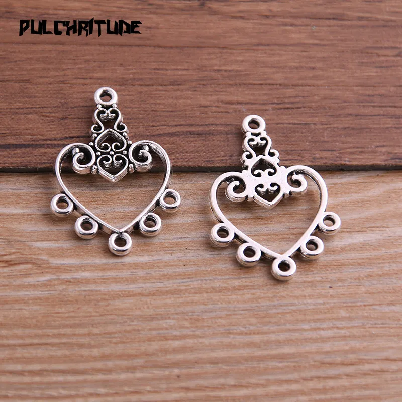 PULCHRITUDE 10pcs 21*31mm Two Color Zinc Alloy Vintage Hollow Herat Connectors Pendants Jewelry Making DIY Handmade Craft