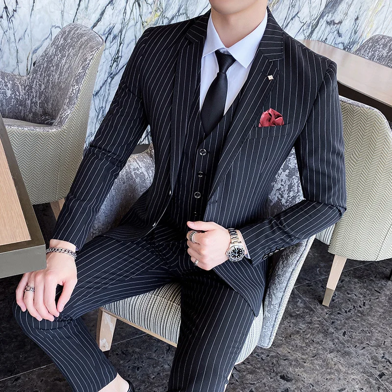 (suit+Pants+Vest ) Stripe Classic Men Slim Suit 3 Pieces Tuxedo Groomsmen Wedding Suits Set Fashion Men Business Blazer M- 5XL