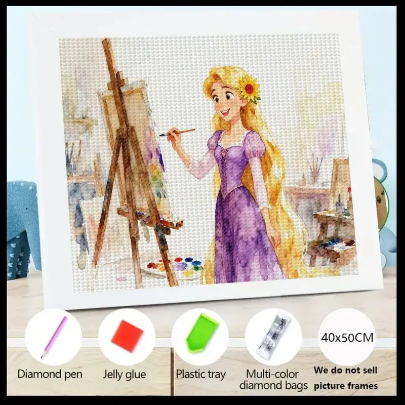 

1PC Disney Princess Rapunzel Diamond Painting 5D Full Drill DIY Cartoon Artist Girl with Easel Rhinestone Embroidery Kit, Large
