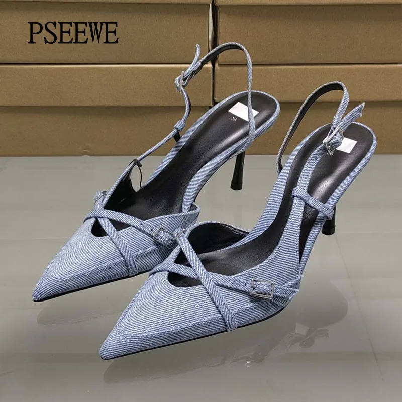 

PSEEWE 2024 Women Blue Denim Slingbacks High Heels Summer Sexy Pointed Toe Women's Sandals Office Female Casual Stiletto Pumps