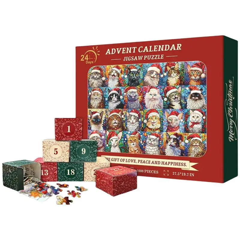 Happy Christmas Cats Advent Jigsaw Puzzle Countdown Calendar 24 Days 1000 Pieces Paper Family Game Jigsaw Puzzle for Kids Adults