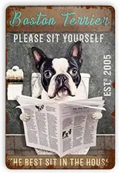 Boston Terrier Dog Bathroom Metal Tin Signs Reproduction, Vintage Wall Decor Retro Art Tin Sign Funny Decorations for Home Bar P