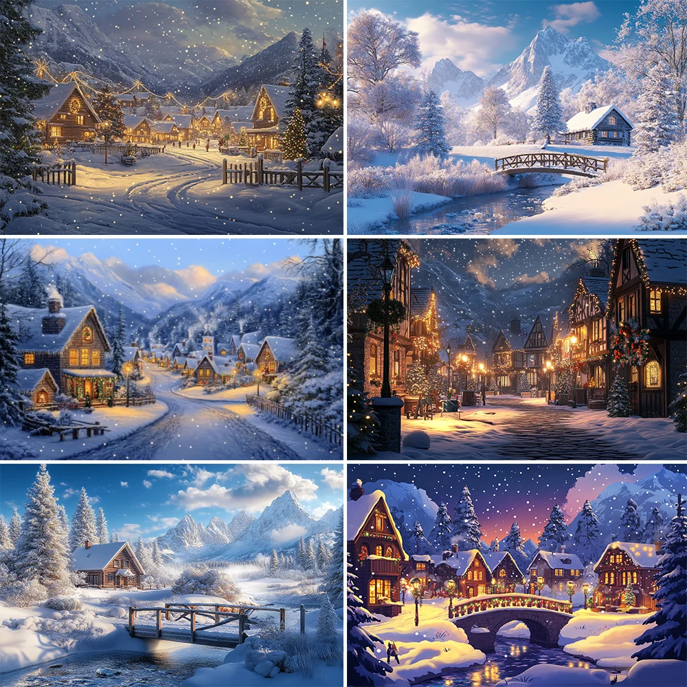 

Winter Christmas Village Backdrop Home Decoration Photography Studio Background New Year Snow Town Mountain Back Drop