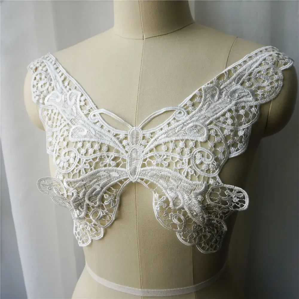 White Butterfly Collar Embroidered Wedding Gown Appliques Lace Fabric Sew On Patches For Dress DIY Decoration