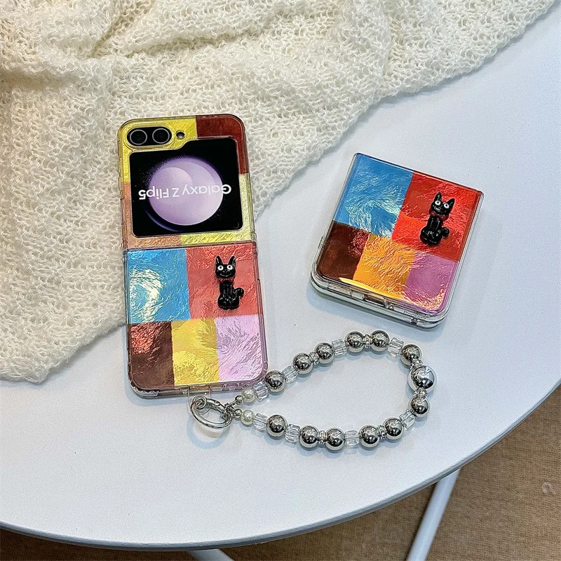 

Colorful Blocks Cat Phone Case for Samsung Galaxy Z Flip 6 5 4 3 Protective Back Cover for ZFlip4 ZFlip5 ZFlip6 Case Shell