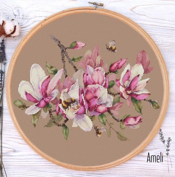 Bees and Magnolia Flowers 33-41 embroidery kits, cross stitch kits,cotton frabric DIY homefun  embroidery  Shop11