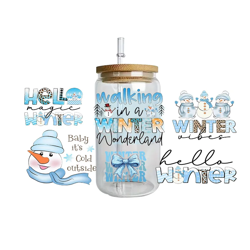 Chibi Snowman Cartoon Art Design 16oz UV DTF Cup Wrap 3D Transfer Stickers Custom Labels Snow Man Sticker For Libbey Glass Cup