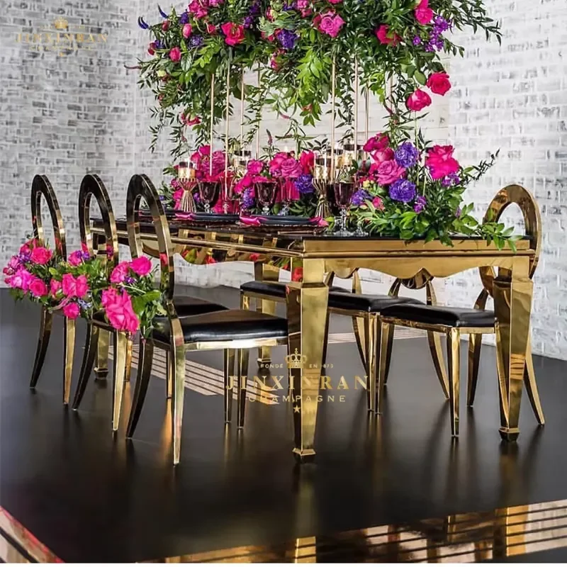 High Quality Wedding Event Table Modern Rectangle Shape Gold Stainless Steel Glass Top Weeding Table