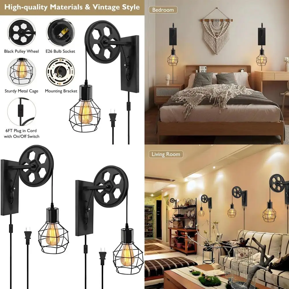 

Pair of Vintage Wall Sconces with Black Cage & Wooden Pulley, Dimmable Rustic Light Fixtures for Home & Restaurant