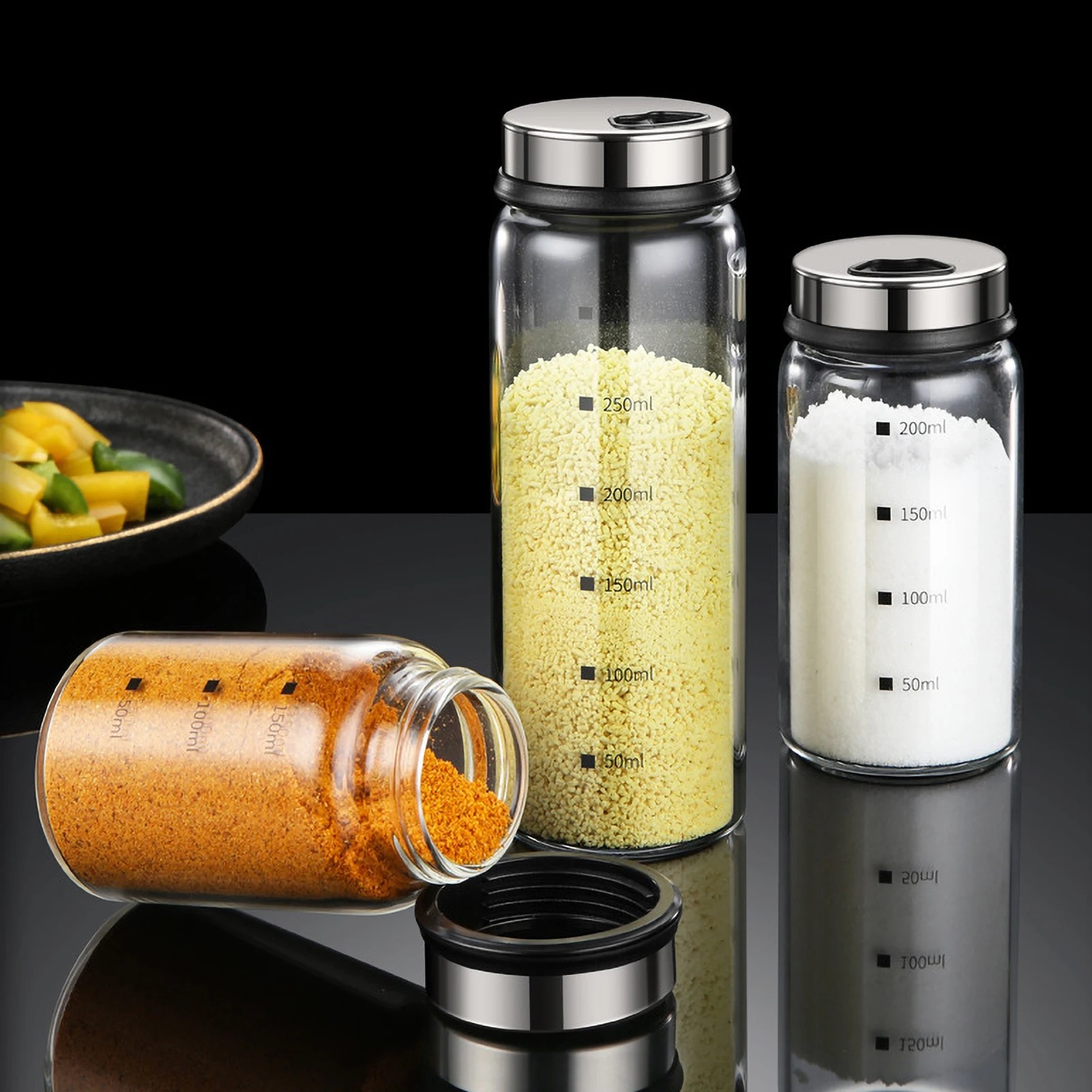 Tarro de vidrio para condimentos con escala, 4 salidas, tarros de especias, cocina, Chile, pimienta, polvo, rociador, contenedor de Salero para barbacoa
