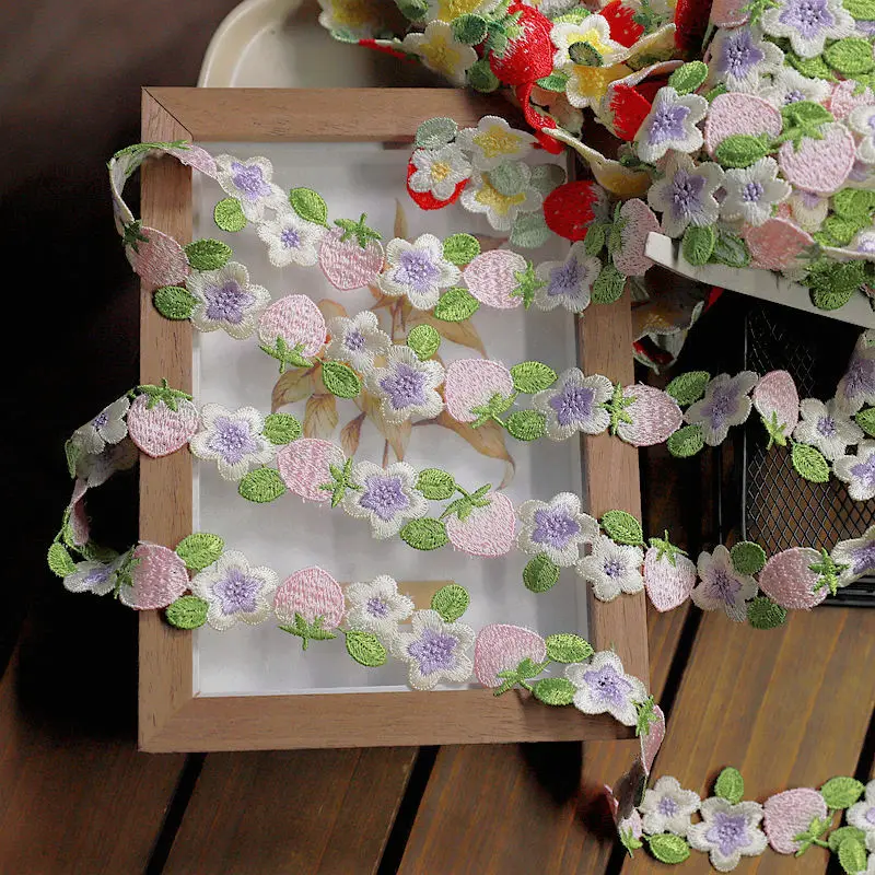 Embroidery Strawberry Flower Lace Trim, Barcode DIY Clothes, Necklace Collars Sewing, Handmade Decoration Accessories, 1Yard