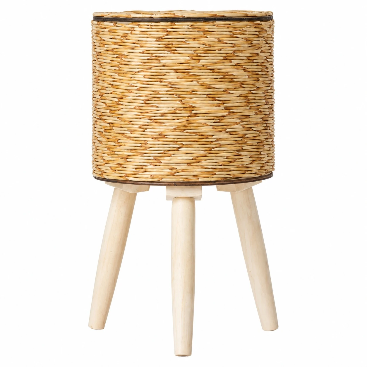 Faux Rattan Triangle Plant Stand Desktop Holder with Wooden-Base Anti-Slip Decorative Flower Pot Rack for Indoor