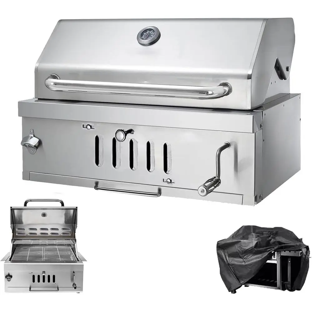 

Гриль для семейного барбекю из нержавеющей стали с теплоизолированным колпаком, термометром и поддоном для жарки, для уличной кухни и вечеринок на террасе