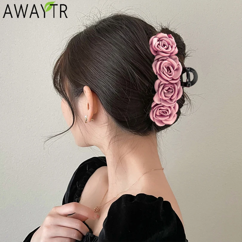 Mode Doek Art Rose Bloem Haar Klauw Vrouwen Haar Clip Krab Klem Elegante Hoofddeksels Haai Clip Pin Wilde Styling Haar accessoires