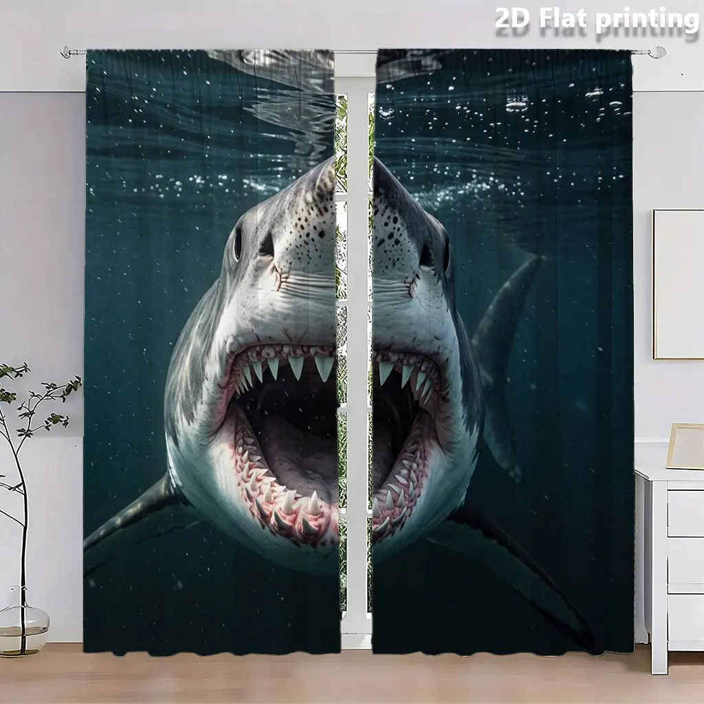 Realistic Shark Curtain 3D Ocean Animal Print Drape Underwater Sea Life Window Treatment for Living Room Bedroom Kids Room Decor
