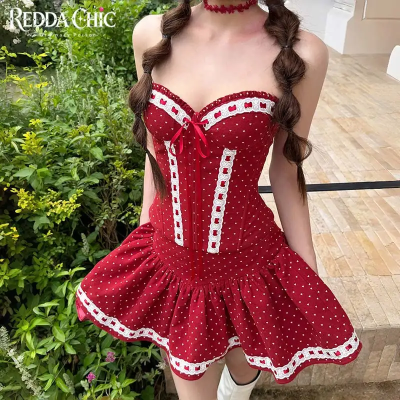 ReddaChic Cherry Red Strapless Tube Skirt Women Two-piece Set Cute Mini Ruffle Skirt Bowtie Sweetheart Corset Top Retro Costume