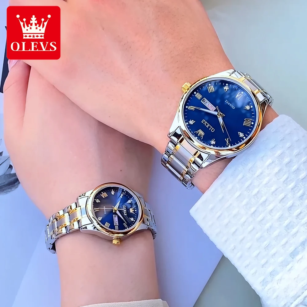 OLEVS часы для пар, трендовые модные римские весы, оригинальные кварцевые наручные часы из нержавеющей стали для влюбленных, водонепроницаемый светящийся календарь