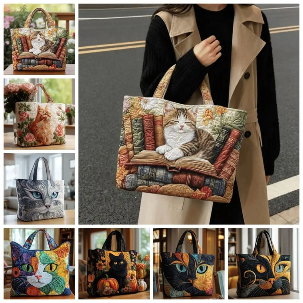 Cat Patterns Women Tote Bag Vintage 3D Printed Patterns Travel Handbag Lightweight Cotton Canvas Shoulder Bag Lady Girl