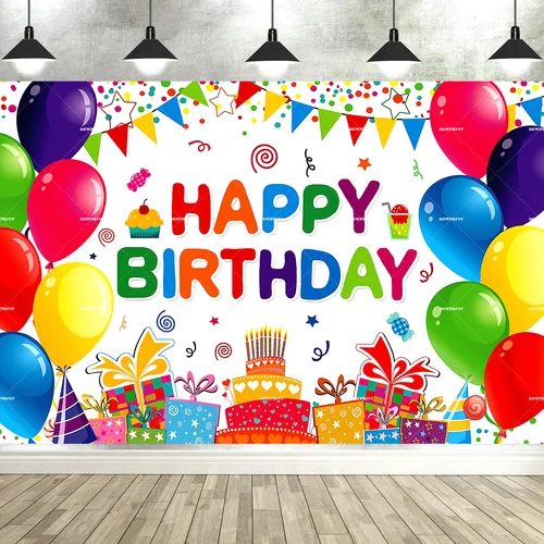 Imagen 2 del producto Fondo de feliz cumpleaños, cartel para niños y niñas, globos coloridos para fiesta de cumpleaños, carteles de pared, suministros de decoración para pasteles de fondo
