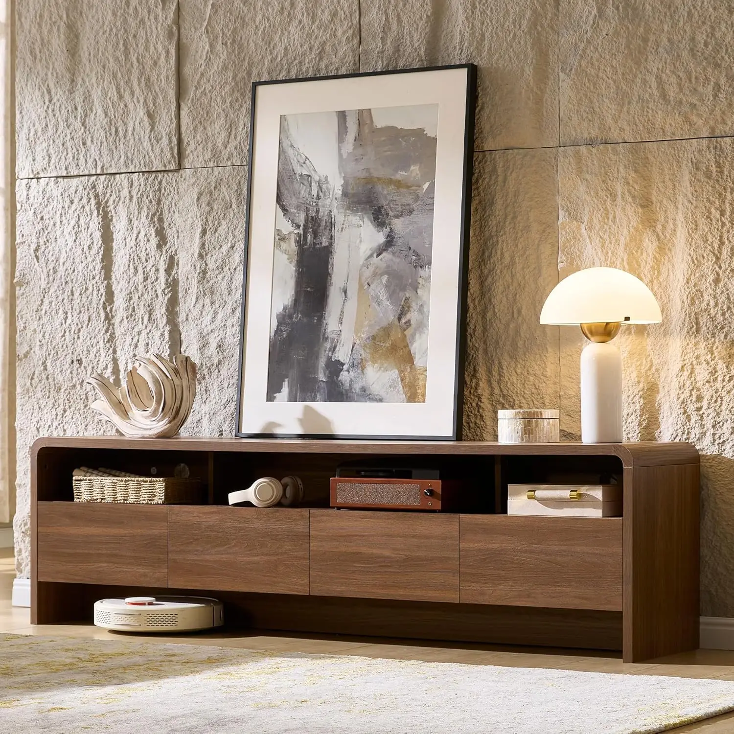 

70" Modern TV Stand for TVs Up to 80", Wood TV Console with Curved Profile Design & 2 Storage Cabinets, Media, Customized