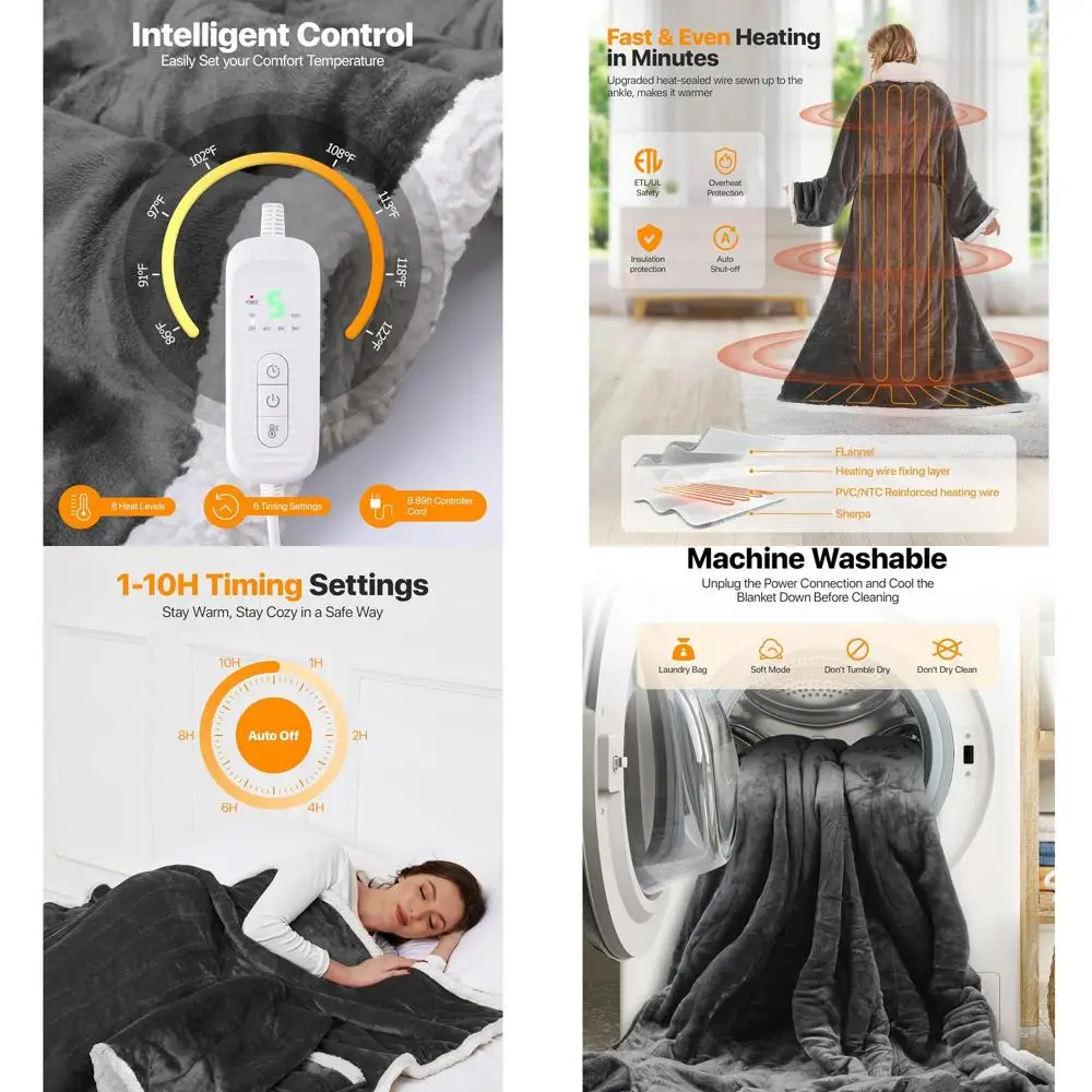 

Wearable Electric Heated Blanket with Foot Pockets, Sleeves, 8 Heat Levels & Timer, 50x60 Flannel & Sherpa Throw for Women